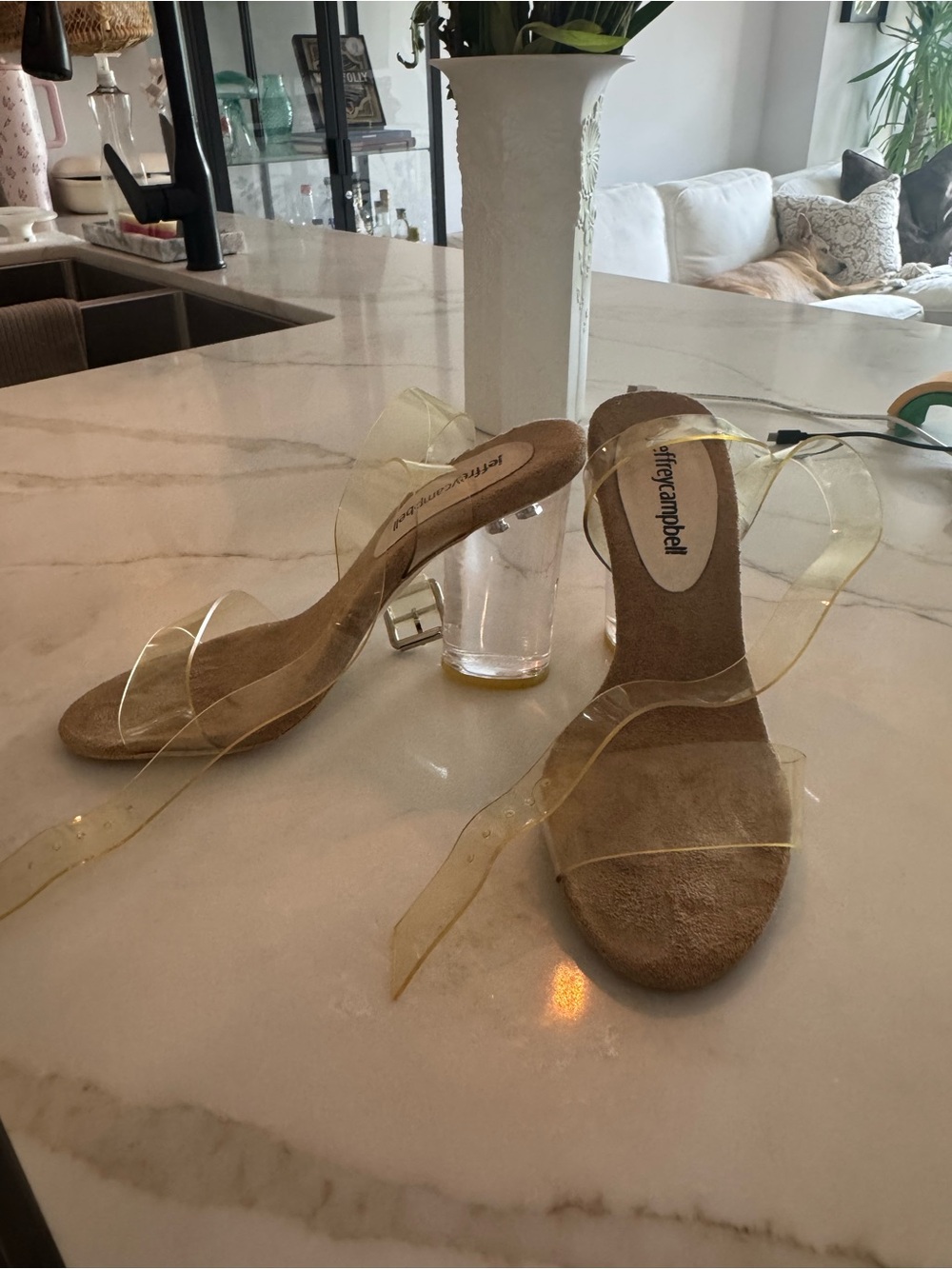 Jeffrey Campbell Clear PVC Strap Block Heel Sandals in Beige Suede